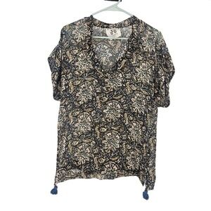 FIGUE Blouse Pink Brown 100% Silk Sheer Quiet Luxury Billowy Floral Top Size XS